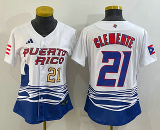 Women%27s Puerto Rico Baseball #21 Roberto Clemente Number 2023 White World Classic Stitched Jersey